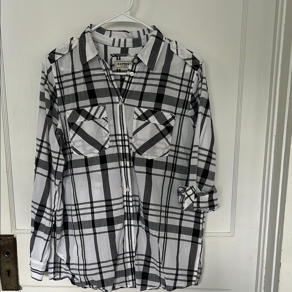 Express Men's Black and White Plaid Shirt